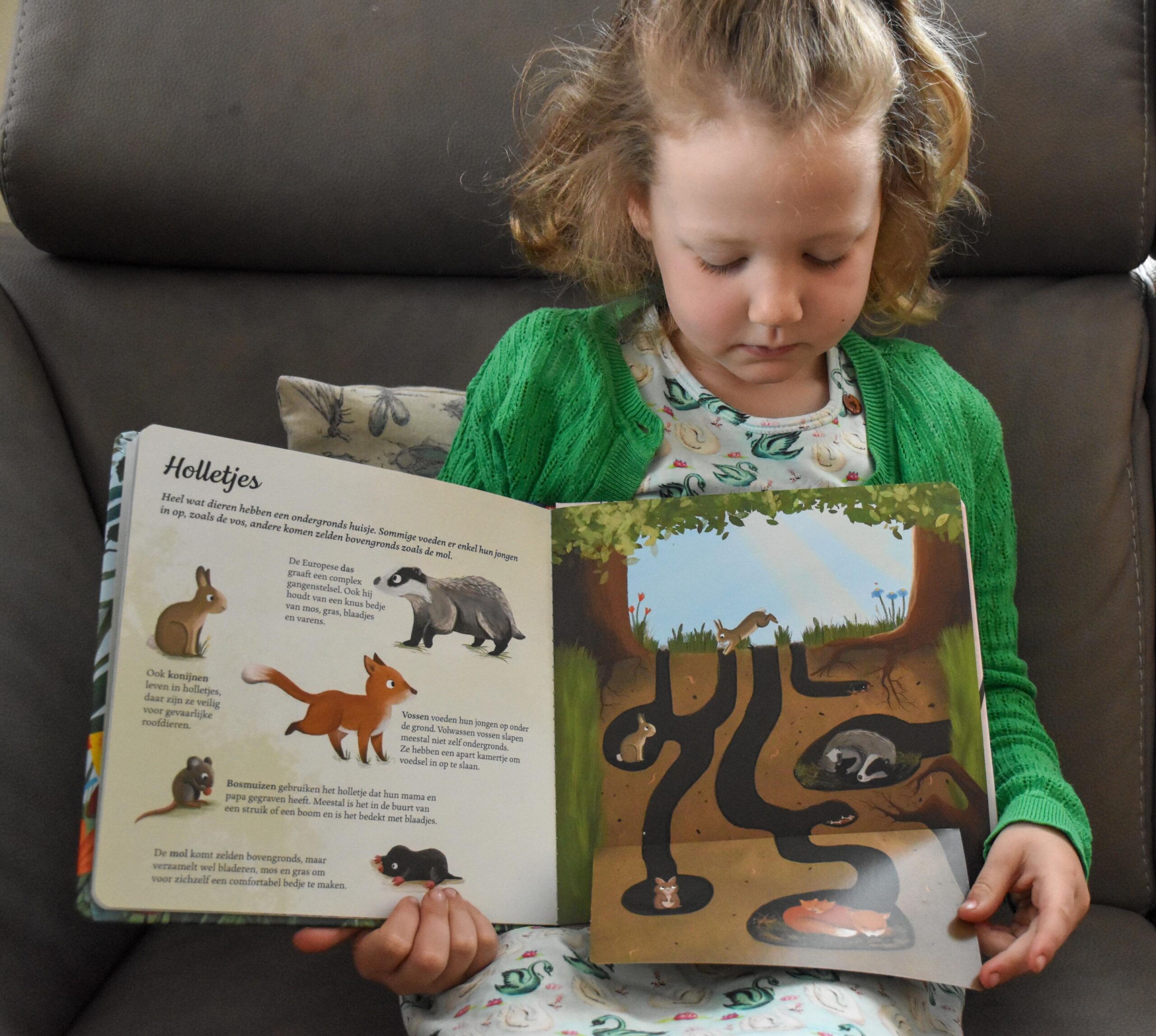 Jonge meid zit op een bank en bekijkt aandachtig het kinderboek Ik ontdek de natuur over dieren en hun holletjes.